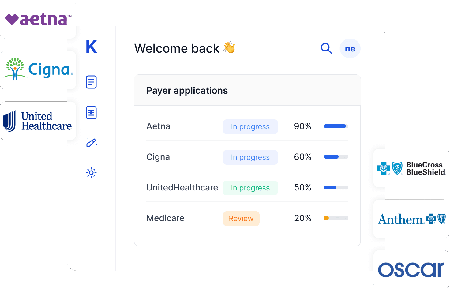 Klarity payer applications dashboard showing credentialing progress across Aetna, Cigna, UnitedHealthcare, Blue Cross Blue Shield, Anthem and Oscar
