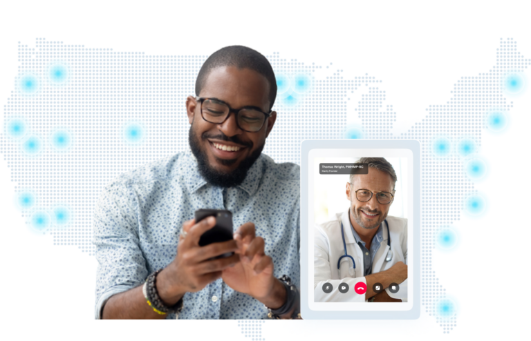 About Us 1 Man connecting with Doctor virtually