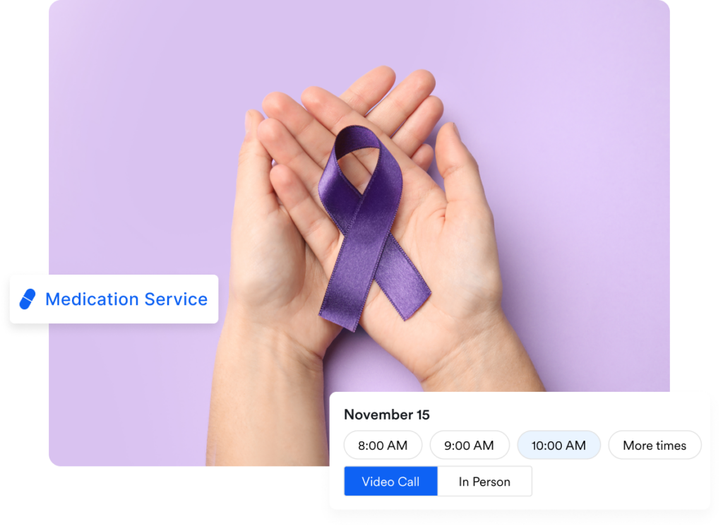 Hands with purple ribbon to show telehealth for lupus treatment