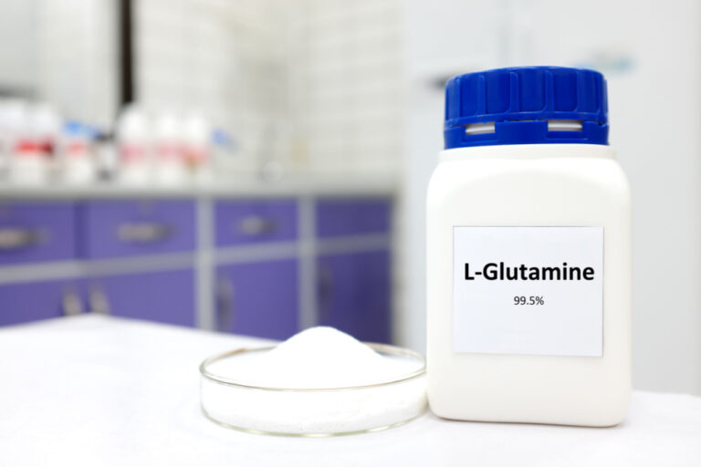 Generic bottle of L-glutamine on counter. Does L-glutamine work for weight loss?